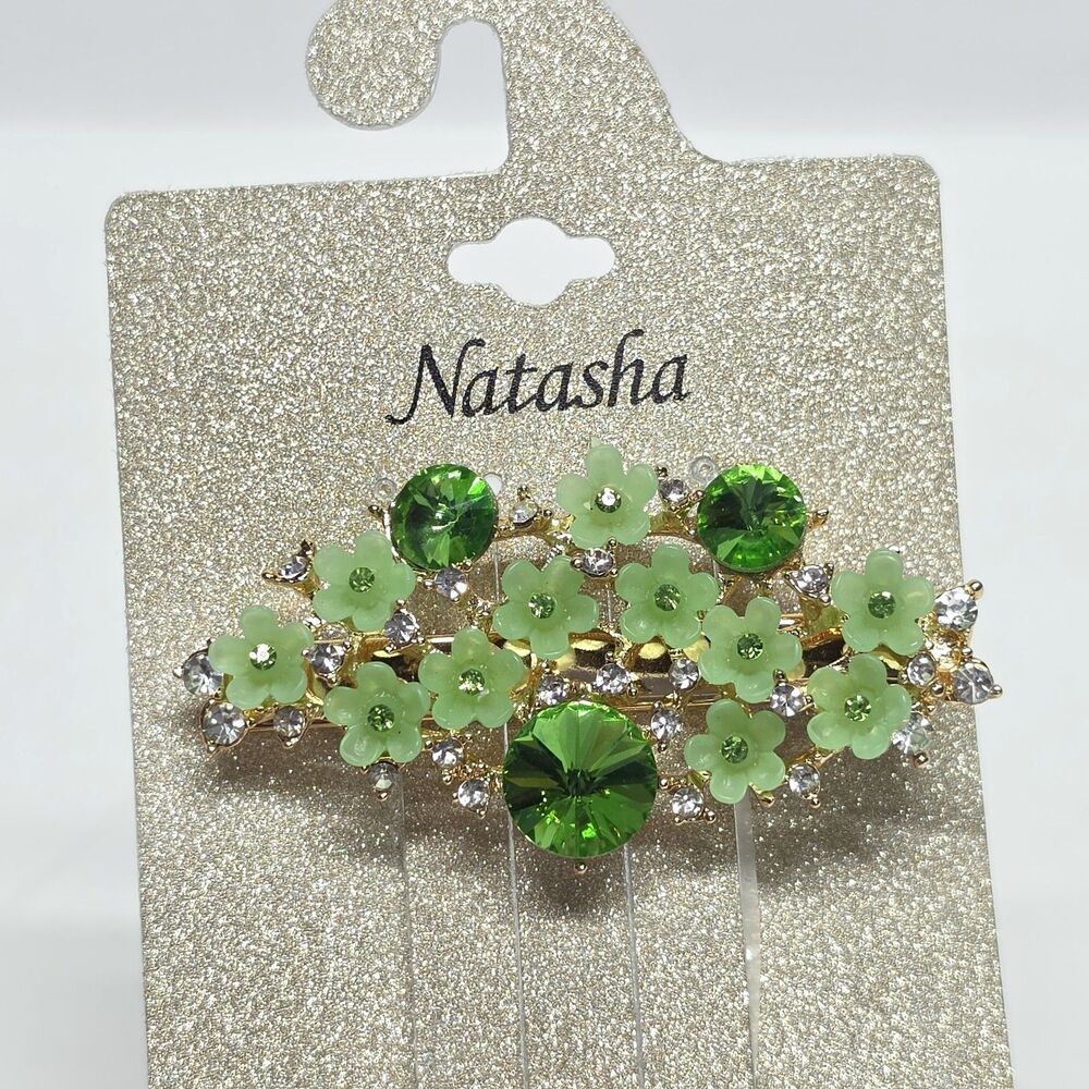 Natasha Floral Green Hair Clip With Crystals Accent NEW Festival Boho Colorful
